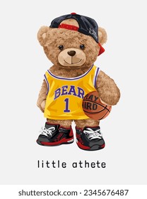 little athete slogan with cute bear doll in ovesize basketball jersey vector illustration