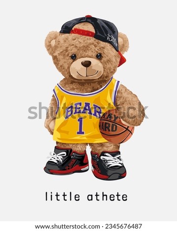 little athete slogan with cute bear doll in ovesize basketball jersey vector illustration
