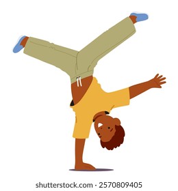 Little athletic boy kid cartoon character experiencing handstand upside down performing show isolated on white background. Breakdance participant performing tricks and athleticism vector illustration