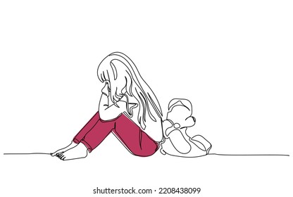 Little autistic girl with teddy bear sitting on floor at empty room. Autism concept. Conceptual image with little caucasian model at studio. Side view continuous line art. mental health day awareness