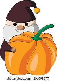 Little autumns Gnome with pumpkin. Draw illustration in color