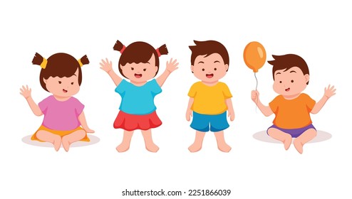 Little babies in cartoon character,two girls and two boys,happy emotion,