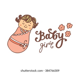 Little babies sleeping. Newborn baby girl. Baby shower vector card