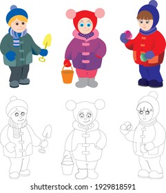 Niños pequeños vestidos de invierno
