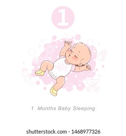 Little baby of 1 month. baby development milestones in first year. Cute little newborn baby boy or girl  in diaper sleeping. Sketchy style. Background with toys and objects. Vector illustration. 