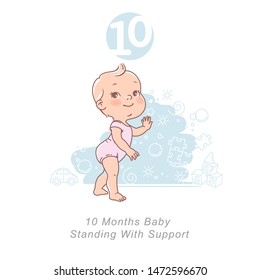 Little baby of 10 month. baby development milestones in first year. Cute little baby boy or girl  in diaper standing. First steps.Sketchy style. Background with toys and objects. Vector illustration. 