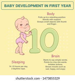 Little baby of 10 month.  Physical, emotional development milestones in first year.  Cute little baby boy or girl  in diaper standing. First steps.. Infographics  with text. Vector illustration.