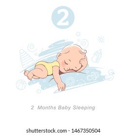 Little baby of 2 month. baby development milestones in first year. Cute little baby boy or girl  in diaper sleeping. Sketchy hand drawn style. Background with toys and objects. Vector illustration. 