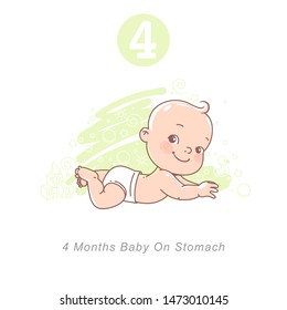 Little baby of 4 month. Baby development stages in first year. Cute little baby boy or girl lying on stomach, head up. Sketchy hand drawn style. Background with toys and objects. Vector illustration. 