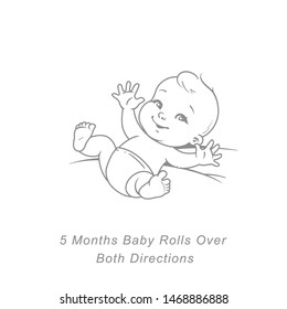 Little baby of 5 month. Baby development milestones in first year. Cute little baby boy or girl  in diaper lying on  back. Sketchy hand drawn style. Background with toys and objects. 