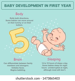 Little baby of 5 month.  Physical, emotional development milestones in first year.  Cute little baby boy or girl  in diaper lay on back.. First year. Infographics  with text. Vector illustration.