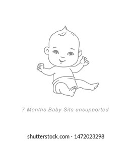 Little baby of 7 month. baby development milestones in first year. Cute little baby boy or girl  in diaper sitting unsupported.Sketchy style. Background with toys and objects. Vector illustration. 