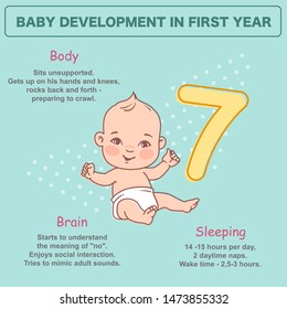 Little baby of 7 month. Baby Physical, emotional development milestones in first year. Cute little baby boy or girl  in diaper sitting unsupported. Infographics  with text.  Vector illustration. 