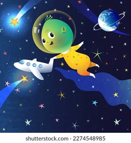 Kleines Baby Alien oder extraterrestrisches Spiel mit Rakete oder Raumsonde im Weltraum. Starry Cosmos Cartoon mit Planet und Shooting Sterne Illustration für Kinder. Childische Fantasie-Vektorgrafik.