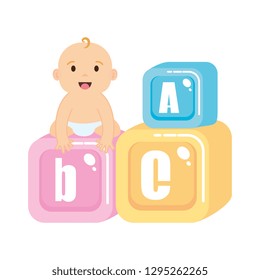 little baby with alphabet blocks toys icons