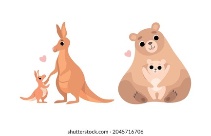 Little Baby Animal and Their Mom Cuddling and Loving Each Other Vector Set