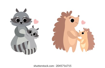 Little Baby Animal and Their Mom Cuddling and Loving Each Other Vector Set