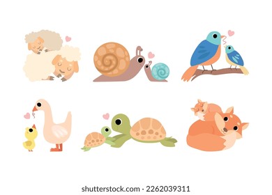 Little Baby Animal and Their Mom Cuddling and Loving Each Other Vector Set