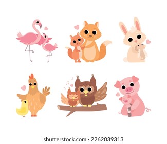 Little Baby Animal and Their Mom Cuddling and Loving Each Other Vector Set