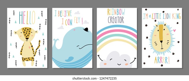 Little baby animals art in scandinavian style. Cute cartoon animals sketch illustration.