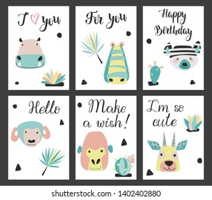 Little baby animals art, scandinavian style cards set. Collecion of cute cartoon animals sketch illustration.