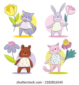 Little baby animals holding big flowers	
