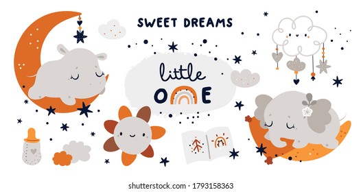 Little baby animals sleeps on the moon.  Childish collection with cute baby animals characters: hippo and elephant. Vector cartoon doodle elements for the design of children's things