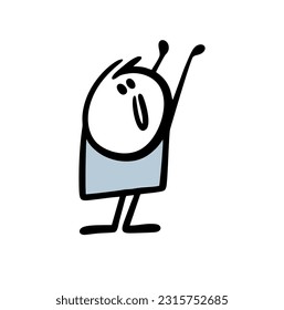Little baby asked parents for holding him in arms. Vector illustration of stick figure kid with rising up hands and smile. Cartoon image isolated on white background.