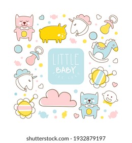 Little Baby Banner, Baby Store Flyer, Brochure, Book Cover, Poster, Iinvitation, Templates Design in Pastel Colors Cartoon Vector Illustration