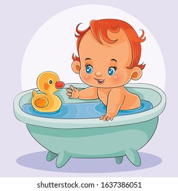 little baby bathes in a bathtub with a rubber duck, isolated object on a white background,