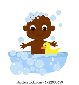 Little baby bathes in a bathtub with soap bubbles and a yellow rubber duck. The child  is African or African American and smiles happily. Cartoon character in flat style isolated on white background.