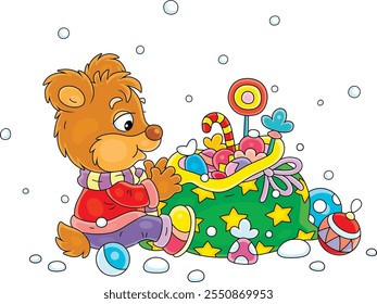 Little baby bear with its gift bag full of toys and sweets on a snowy holiday winter day, vector cartoon illustration on a white background