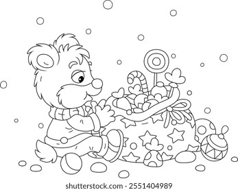 Little baby bear with its gift bag full of toys and sweets on a snowy holiday winter day, black and white outline vector cartoon illustration for a coloring book