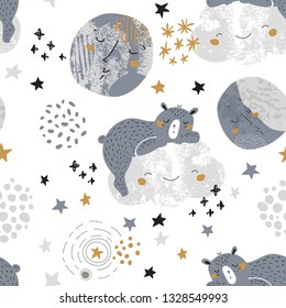 Little baby bear sleeping on smiling cloud in scandinavian color style. Vector Illustration of teddy bear, moon, planets, stars on doodle background. Artistic nursery seamless pattern