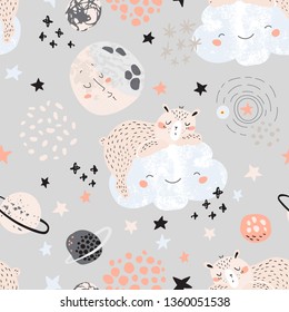 Little baby bear sleeping on smiling cloud in scandinavian color style. Vector Illustration of teddy bear, moon, planets, stars on doodle background. Artistic nursery seamless pattern