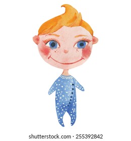 little baby in blue drawing by watercolor