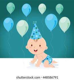 Little baby boy with balloons and birthday cap. Vector illustration of a baby boy with balloons and party hat.