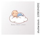 Little baby boy in blue pajamas  sleep peacefully on soft white cloud. Pillow and blanket for child. Template for logotype for healthy sleep, baby bed clothes, linen. Color vector illustration.