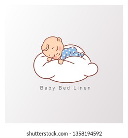 Little Baby Boy In Blue Pajamas  Sleep Peacefully On Soft White Cloud. Pillow And Blanket For Child. Template For Logotype For Healthy Sleep, Baby Bed Clothes, Linen. Color Vector Illustration.