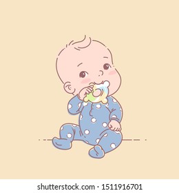 Little baby boy in blue pajamas sit, hold teething ring . Cute toddler child with toy  in mouth. Color vector illustration. Baby wear jumpsuit.  First year games. Baby hold teething toy. 