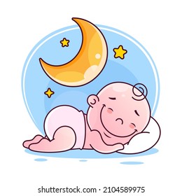 Un niño pequeño con pijamas azules duerme tranquilamente en una suave nube blanca. Almohada y manta para el niño. Plantilla para logotipo para sueño saludable, ropa de cama para bebés, ropa de cama. Ilustración del vector de color.