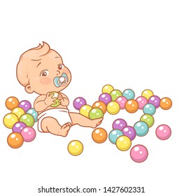 Little Baby Boy In Diaper Hold Plastic Ball. Cute Toddler Baby Play In Ball B Pool. Colorful Balls Isolated.  Colorful Vector Illustration.