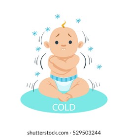 Little Baby Boy In Diaper Shivering Of Cold. Infant Being Unhappy And Crying Cartoon Illustration Collection