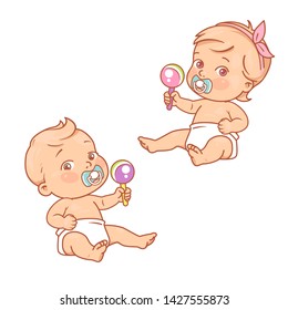 Little baby boy and girl in diaper sitting playing with toys. Playful kids isolated. Cute toddler child with pacifier and rattle. Color vector illustration.