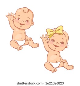 Little baby boy and girl in diaper siting. First year development of baby. Smiling kids together. Children one year old. Happy baby wave hand. Color vector illustration.