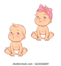 Little baby boy and girl in diaper siting. First year development of baby. Smiling kids together. Children one year old. Happy baby curious. Color vector illustration.