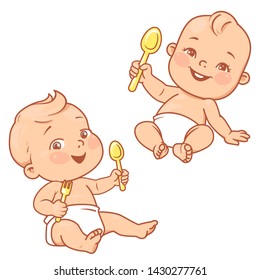 Little baby boy and girl holding a spoon and a fork. Kids and food. Children having breakfast, dinner. Healthy meal emblem. Characters for logo and package design. Color vector illustration.