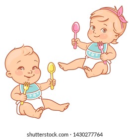 Little baby boy and girl holding a spoon and a fork. Kids and food. Children having breakfast, dinner. Healthy meal emblem. Characters for logo and package design. Color vector illustration.