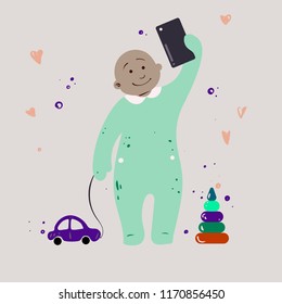 Little baby boy making selfie, technologies from childhood, vector
