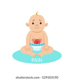 Little Baby Boy In Nappy Having Belly Pain, Part Of Reasons Of Infant Being Unhappy And Crying Cartoon Illustration Collection